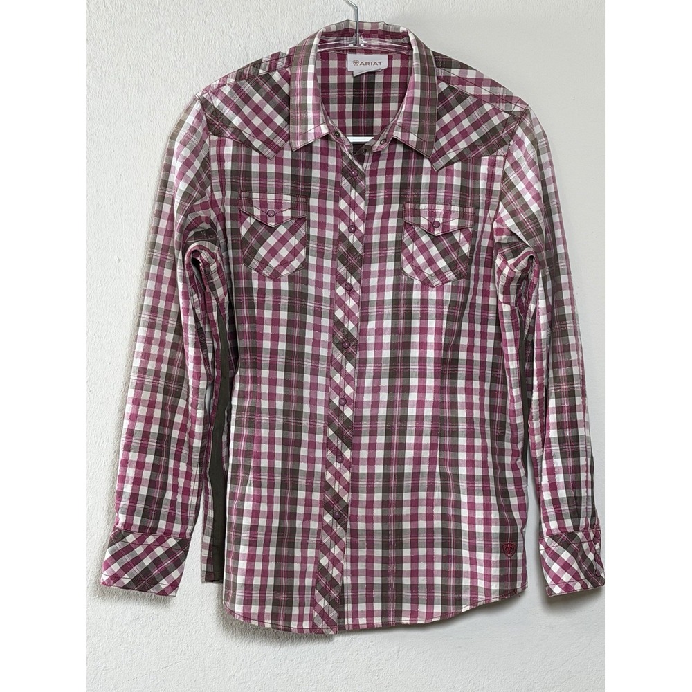 Ariat Women's L‎ Fitted Plaid Pearl Snap Button Down Metallic Pink & Brown Shirt